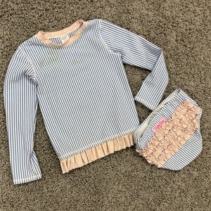 Kids Blue Stripe Rash Guard Set with Pink Ruffle Trim